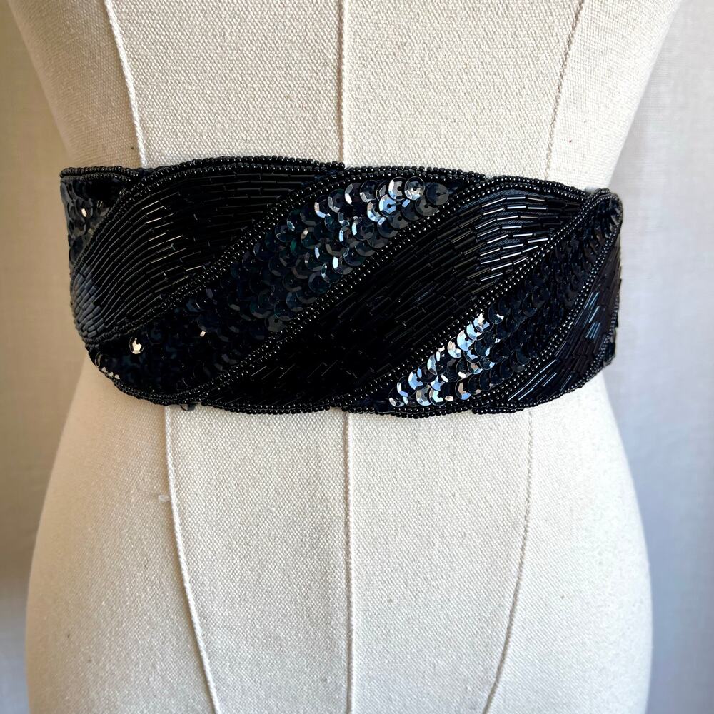 Vintage 80’s Black Sequin Beaded Wide Statement Stretch Belt Evening SM MED